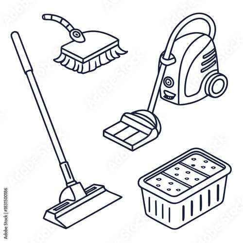 Household cleaning tools line art icons vector 1