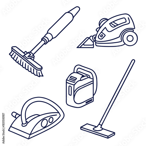 Household cleaning tools line art icons vector