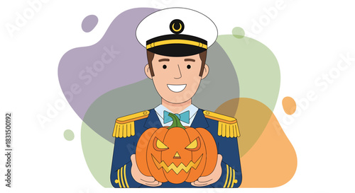 Friendly ship captain celebrating the festive spirit of Halloween, holding a cheerful carved pumpkin, an illustration embodying autumn joy and maritime tradition