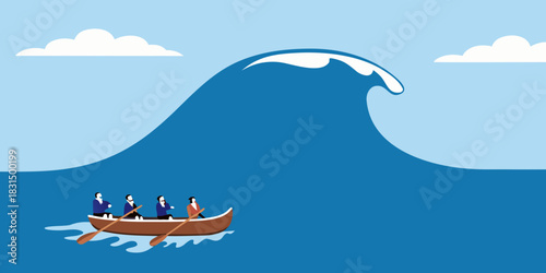 Team in a rowboat facing a giant wave