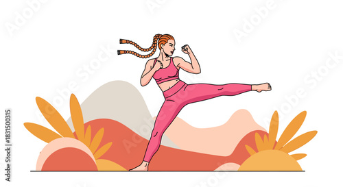 Energetic Young Woman Kicking in a Stylish Pink Workout Outfit Amidst Abstract Background