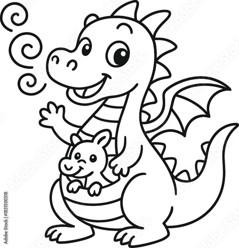 Cute happy cartoon dragon with baby joey in pouch, line art style.