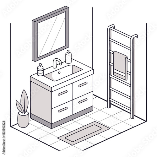 Isometric bathroom interior with sink and towel rack