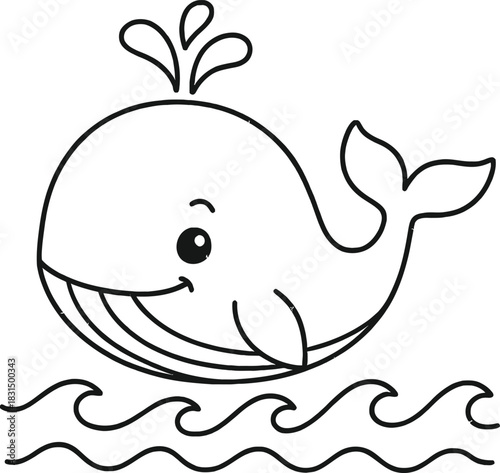 Joyful cartoon whale outline spouting water over ocean waves