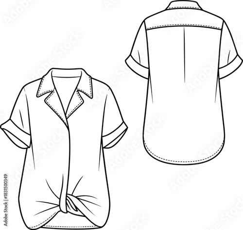 Women's casual short sleeve shirt technical flat, fashion cad drawing with front tie knot, collar detail, back yoke, vector illustration