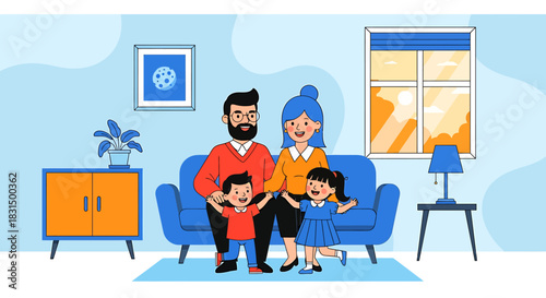 Cheerful vector illustration portraying a happy family of four enjoying domestic bliss and quality time together on a comfortable sofa in their modern, inviting home