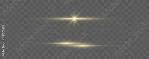 Bright gold light streak shines with radiant linear beams, soft shimmering particles, and a sharp starburst flare at the center. Warm luminous texture adds a luxurious glow effect. Vector golden light