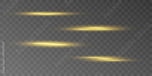 Warm golden neon streak shines with smooth radiant beams and soft shimmer. Sparkling highlights enhance the elegant glow. Vector gold line isolated on a transparent background.