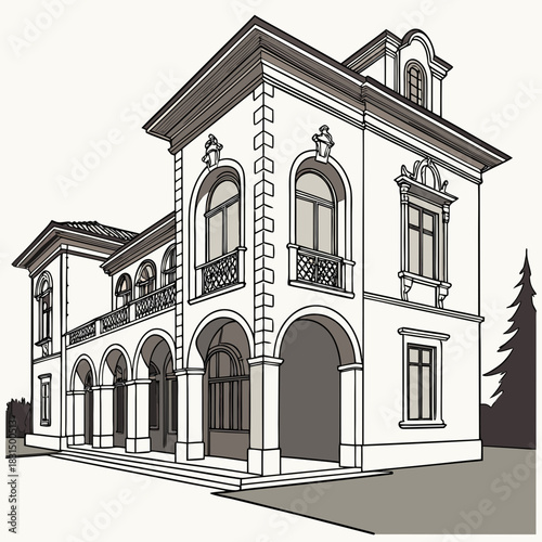 Large European villa with arched loggia and balcony vector