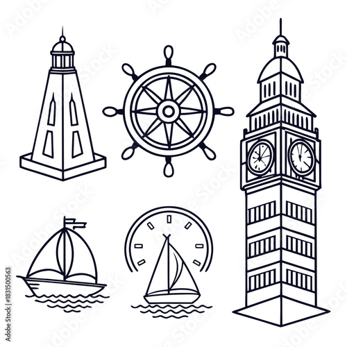 Lighthouse ship wheel and clock tower vector icons 2