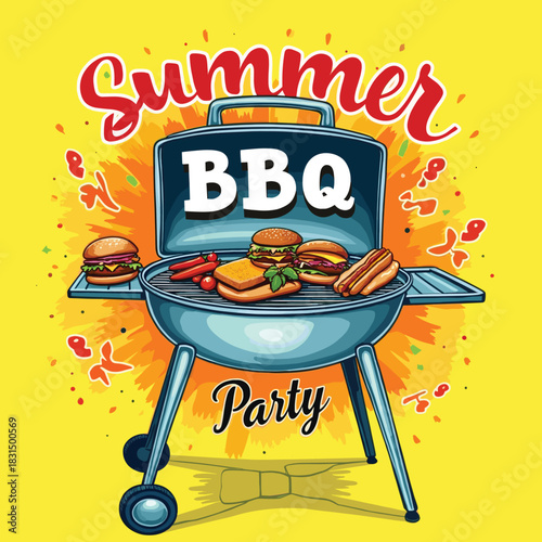 Summer Party BBQ Illustration with Flaming Grill, Burgers & Sausages – Outdoor Food Art