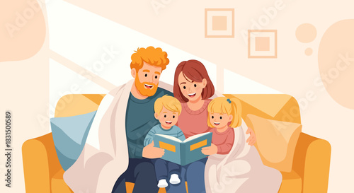 Heartwarming flat vector illustration of a happy family enjoying cozy reading time together on a couch, parents sharing a storybook with their children under a warm blanket