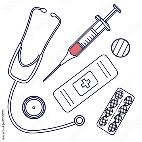 Medical equipment outline with red liquid syringe stethoscope