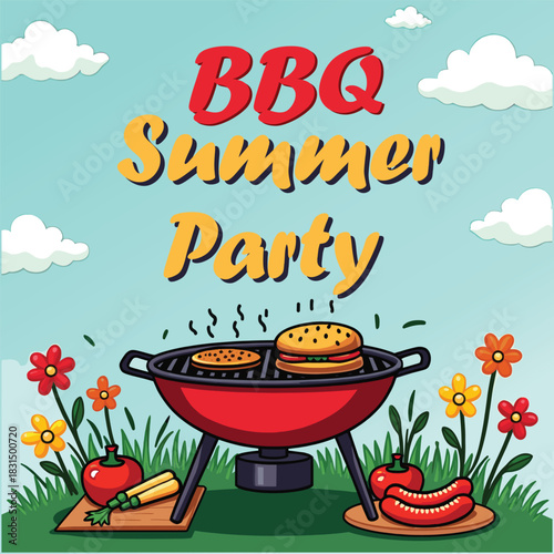 Summer BBQ Poster with Grilled Burgers and Outdoor Cooking Illustration