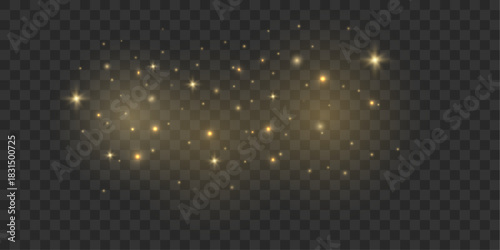 Golden luminous dust forms a soft swirling pattern, shimmering beautifully across a clear backdrop. Warm sparkles drift with delicate motion. The glowing effect adds elegant festive charm.Vector