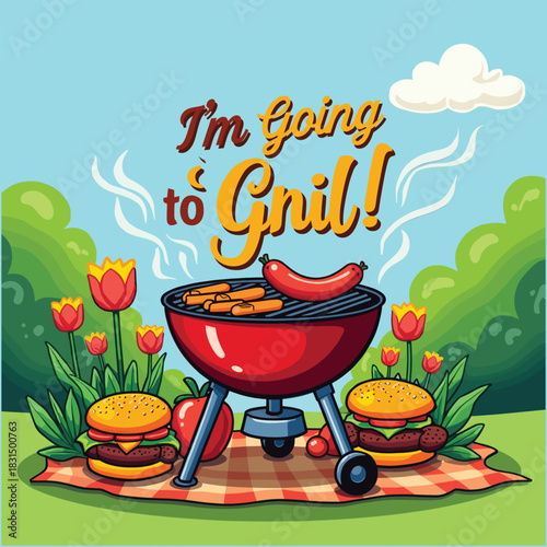 Summer BBQ Poster with Grilled Burgers and Outdoor Cooking Illustration