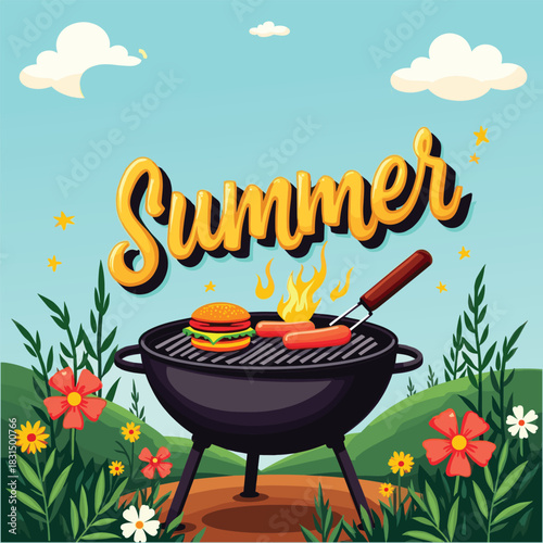 Summer BBQ Poster with Grilled Burgers and Outdoor Cooking Illustration