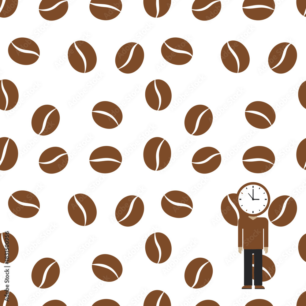 Obraz premium Coffee Pattern with Character Holding Clock Head