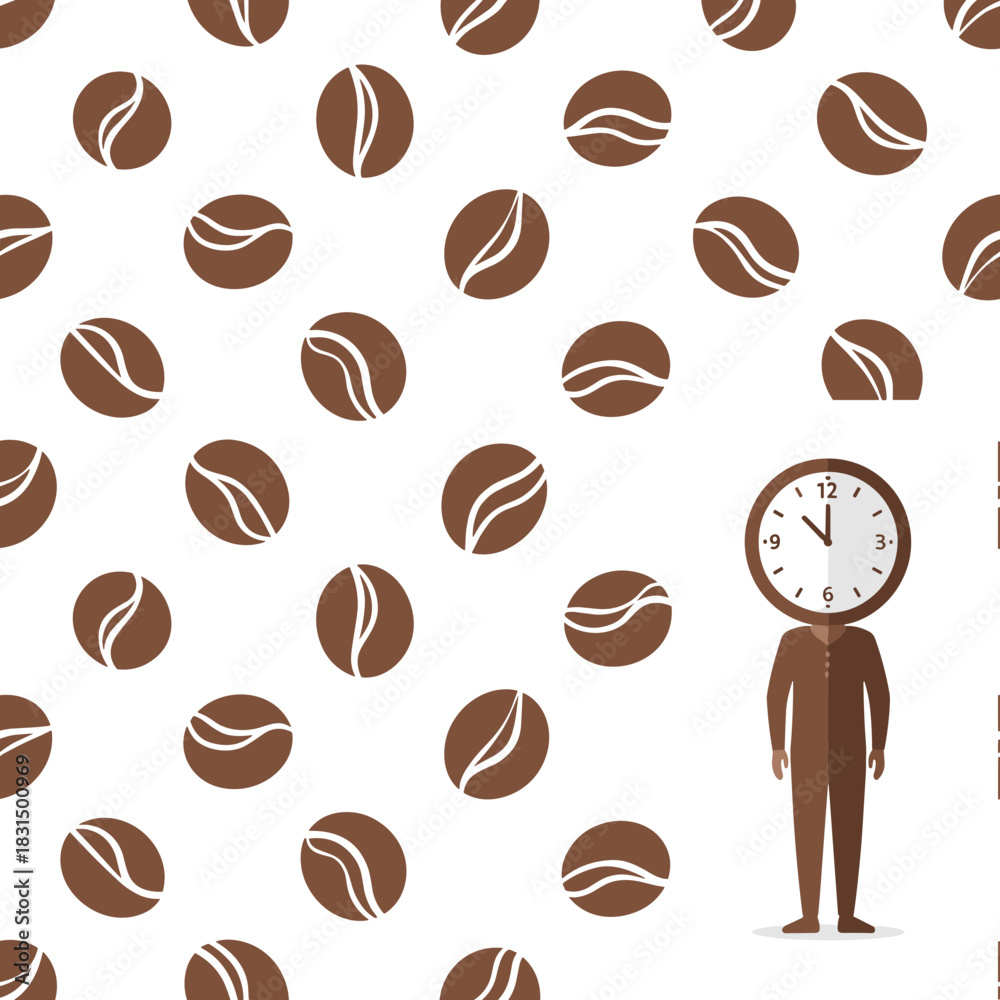 Obraz premium Seamless Coffee Bean Pattern with Clock-Head Figure