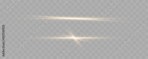 Golden beam emits warm glowing rays with shimmering dust accents. Soft radiant haze surrounds the streak. Vector light strip isolated on a transparent background.