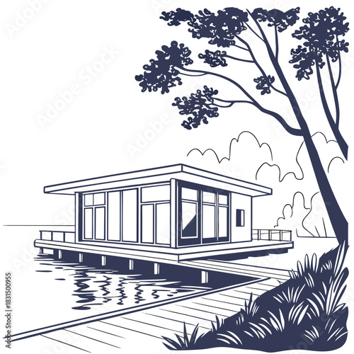 Modern house on stilts with pier and lake water