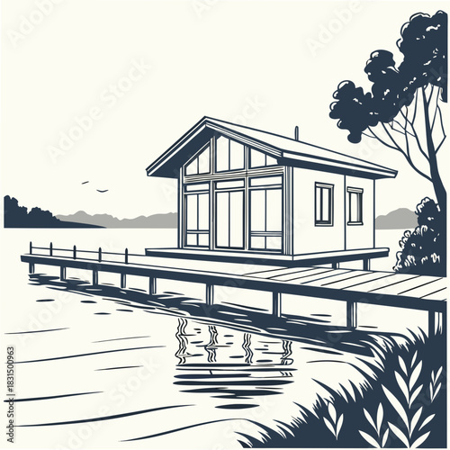 Modern house on lake with pier vector illustration