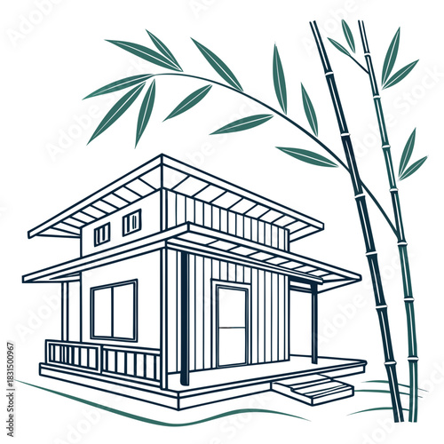 Modern house with bamboo plants vector home building