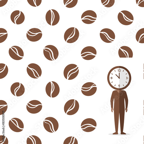 Seamless Coffee Bean Pattern with Clock-Head Figure