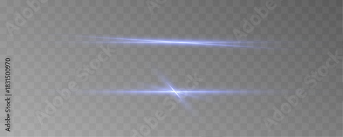 Blue neon line emits cool glowing rays with smooth radiant flow. Subtle sparkle accents highlight the streak. Vector beam isolated on a transparent background.