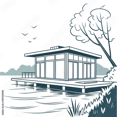 Modern house on stilts with pier on lake vector water