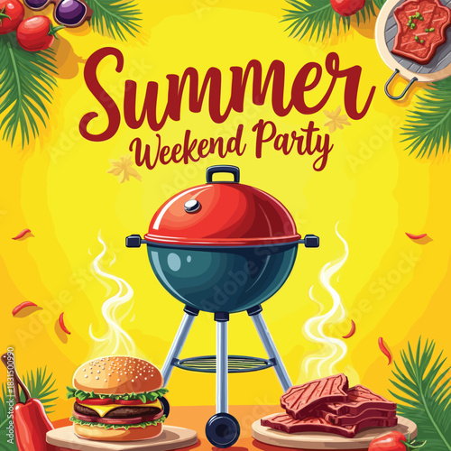 Flaming BBQ Grill with Meat and Motivational Text – Sizzle Smile Repeat Illustration