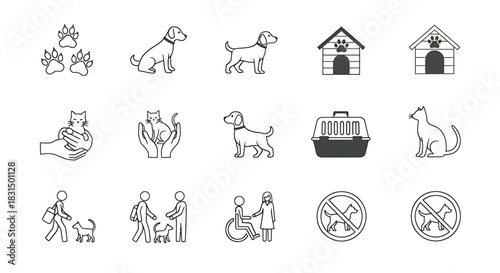 Pet Care Line Icons Dogs, Cats, Paw Prints, Carriers, and Accessible Pet Care