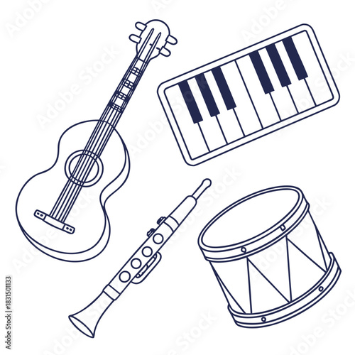 Music instrument outline set on white background guitar 2