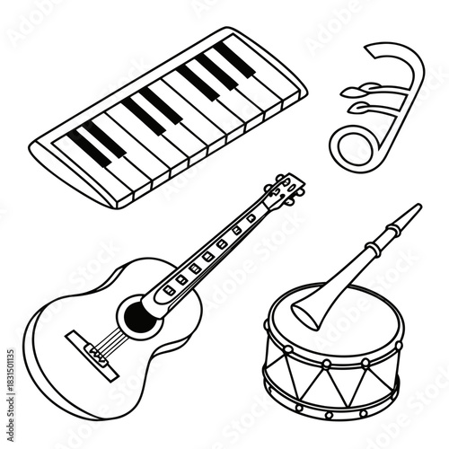 Music instrument outline set on white background guitar
