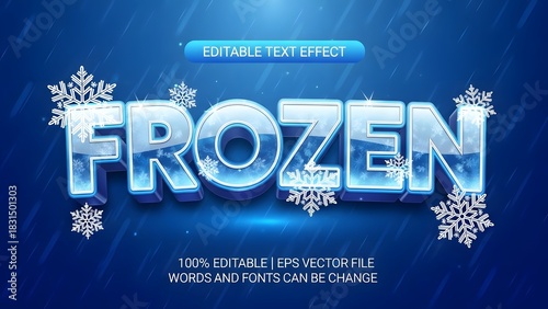 Editable 3d text effect in frozen ice style with snowflakes on a dark blue winter background for graphic design