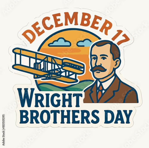 Wright Brothers Day Illustration – December 17 Aviation Tribute with Vintage Portrait, Early Plane, and Scenic Sky
