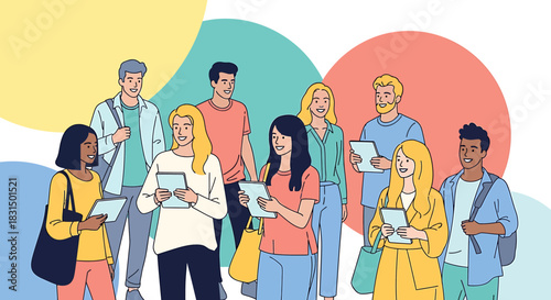 Diverse Group of Young Adults Connecting and Learning with Digital Devices, Illustrating Modern Education and Community Engagement