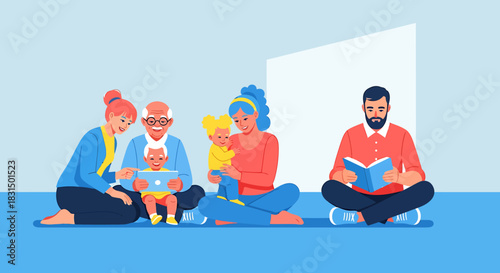 Family Together Illustration of Generations Bonding, Reading, and Using Technology in a Cozy Setting