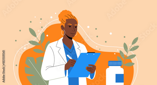 Empathetic female doctor or pharmacist recording health data with a prescription bottle, embodying modern medical practices and patient well-being in a minimalist vector illustration