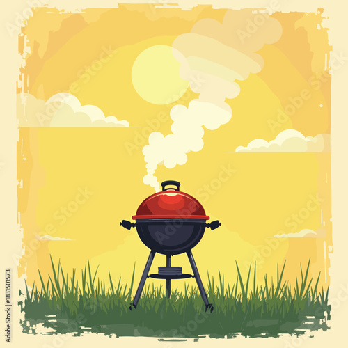 Park Picnic with BBQ Grill and Summer Setup – Relaxing Outdoor Barbecue Illustration