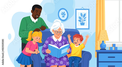 Happy multi-ethnic family, grandmother reading storybook to grandchildren. Intergenerational bonding, learning, and cozy home moments
