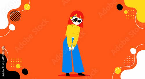 Vector illustration of a shy and awkward girl with big eyes feeling embarrassed, set against a vibrant orange background with abstract elements
