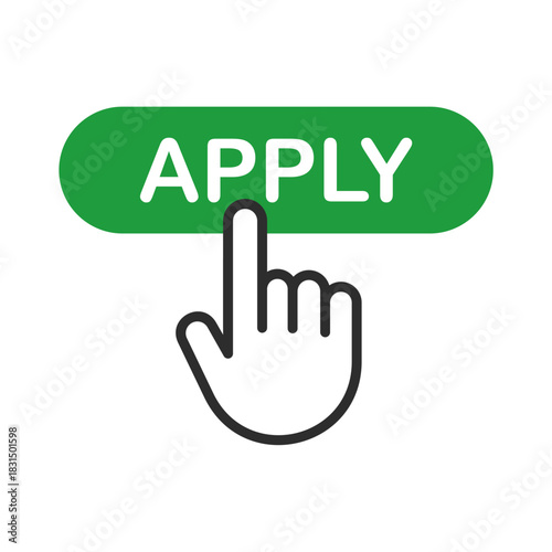 Outline vector icon of a pointing hand cursor pressing a prominent green 'APPLY' button, representing actions like submitting an application or confirming a selection online