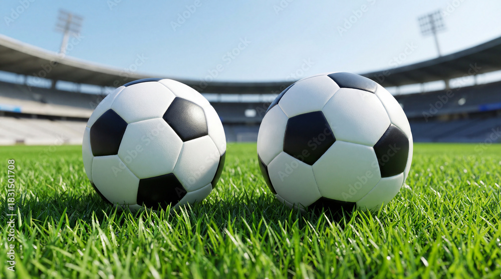 Fototapeta premium Soccer Ball on the Green Field Inside a Stadium