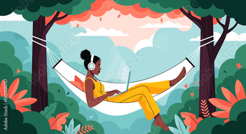 Flat vector illustration of a young woman enjoying a relaxing day working on her laptop while lying in a hammock surrounded by lush green trees and a vibrant sky