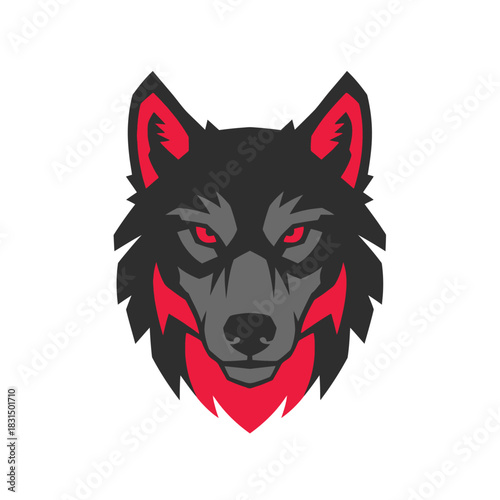 A fierce black wolf with glowing red eyes and sharp red accents on its face, depicted in a stylized graphic illustration.