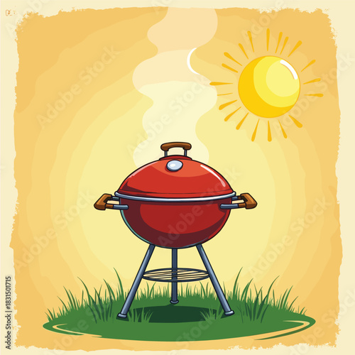 Red Charcoal BBQ Grill with Smoke in Sunny Yard – Summer Cookout Illustration
