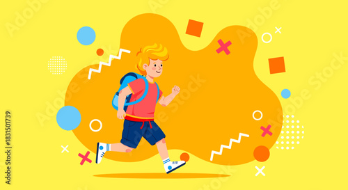 Flat vector illustration of a happy boy running with a backpack, vibrant colors, back to school concept