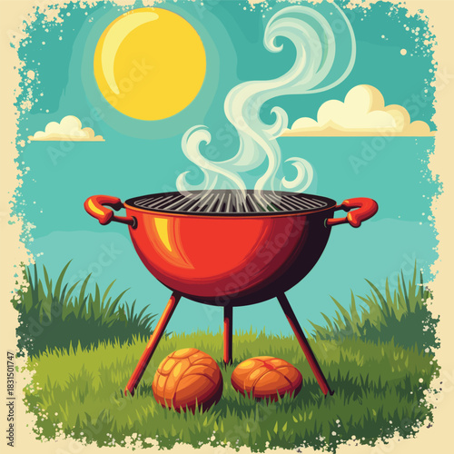 Red Charcoal BBQ Grill with Smoke in Sunny Yard – Summer Cookout Illustration