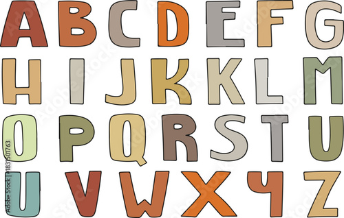 PrintColorful alphabet letters isolated on, a playful and educational design featuring uppercase characters in various shades, perfect for learning and creative projects